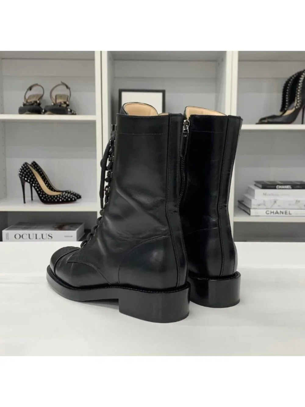 Chanel CC Logo Leather Lace-up Short Boots Black